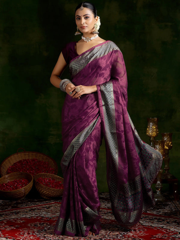 Wine Printed Silk Blend Saree With Unstitched Blouse Piece