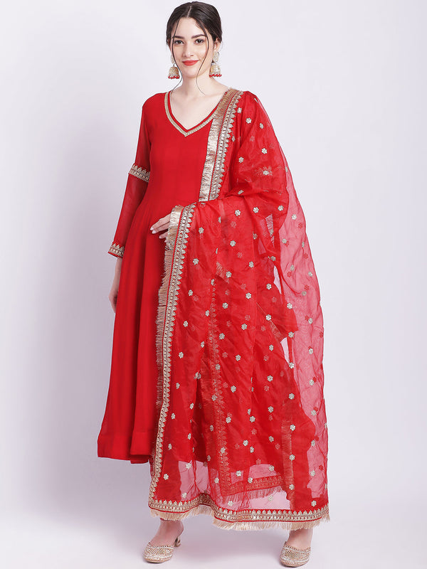 Women's Ruby Woo Georgette Border Anarkali With Churidar And Organza Dupatta - Anokherang