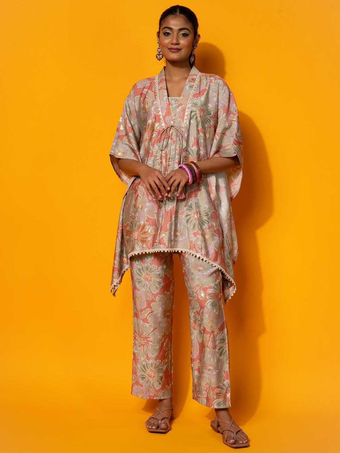 Peach Printed Silk Blend Co-Ords - Jashvi