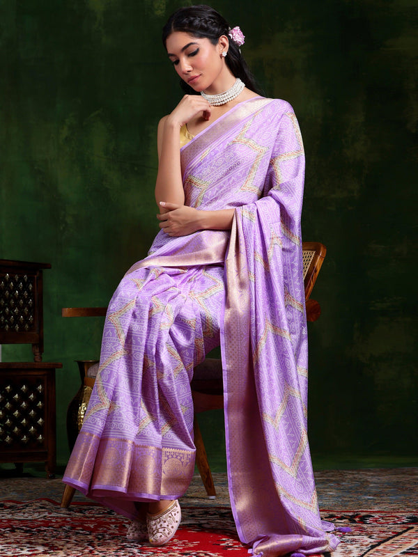 Lavender Printed Silk Blend Saree With Unstitched Blouse Piece