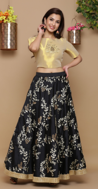 Women's Black Taffeta Silk Embellished Flared Lehenga Choli - Juniper