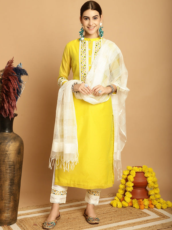 Women's Lemon Yellow Chanderi Trouser Dupatta Set - Taantav