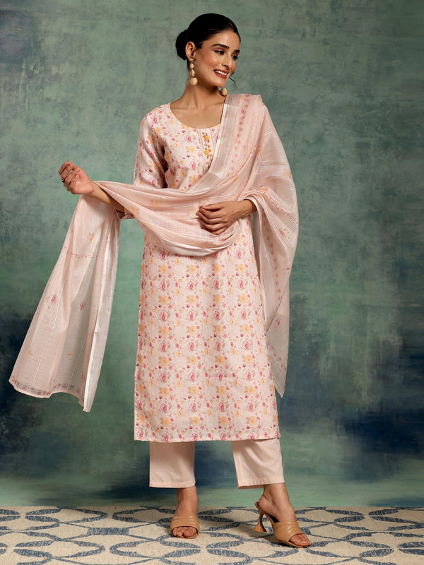 Peach Printed Cotton Straight Suit With Dupatta - Jashvi