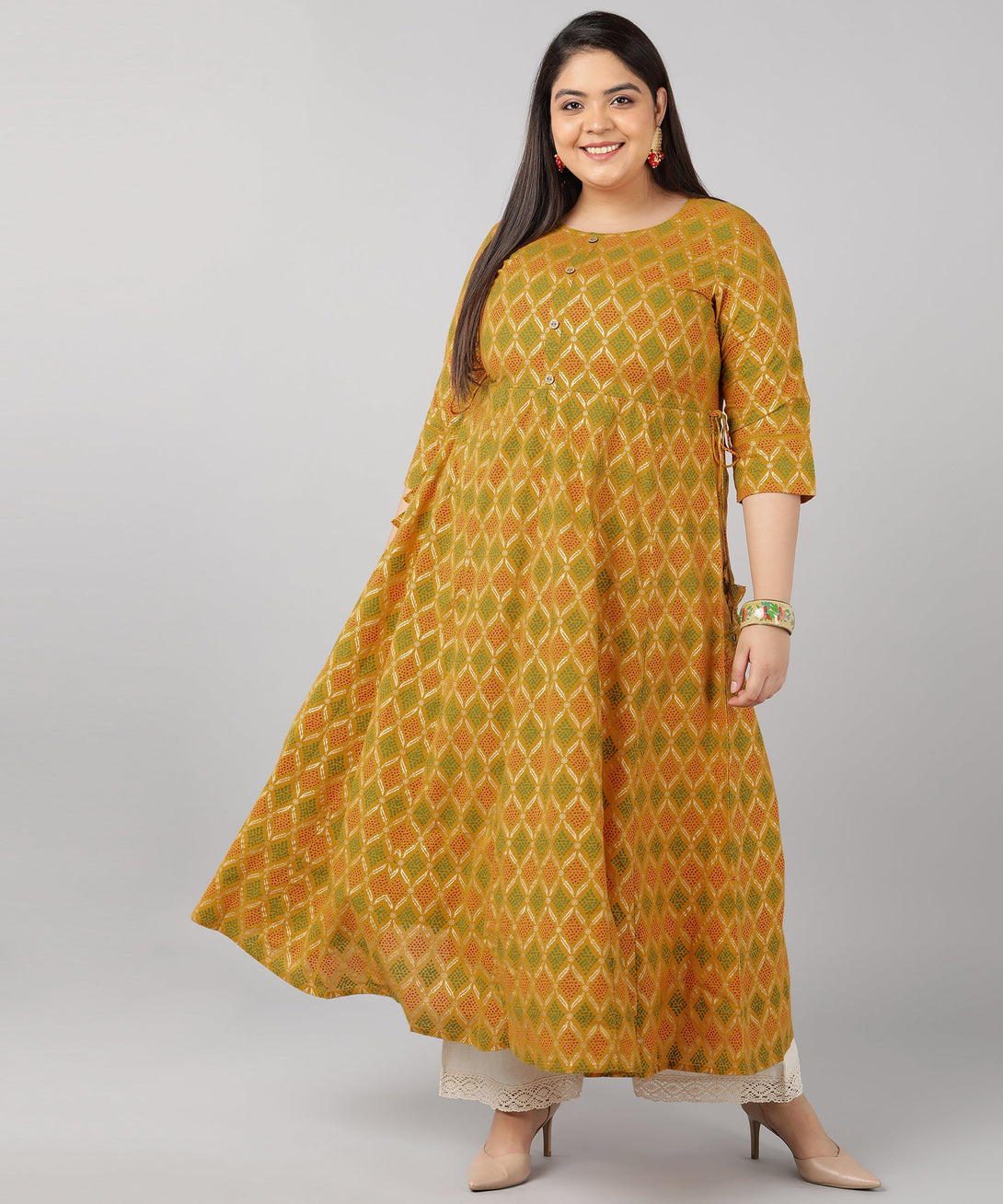 Women's Cotton Gold Print Anarkali Kurta (Mustard) - Kipek