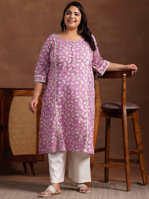 Plus Size Purple Printed Cotton A-Line Kurta