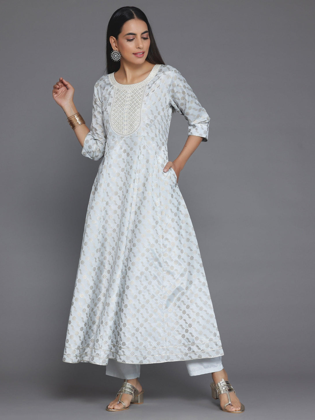 Grey Printed Silk Blend A-Line Kurta With Trousers - Jashvi