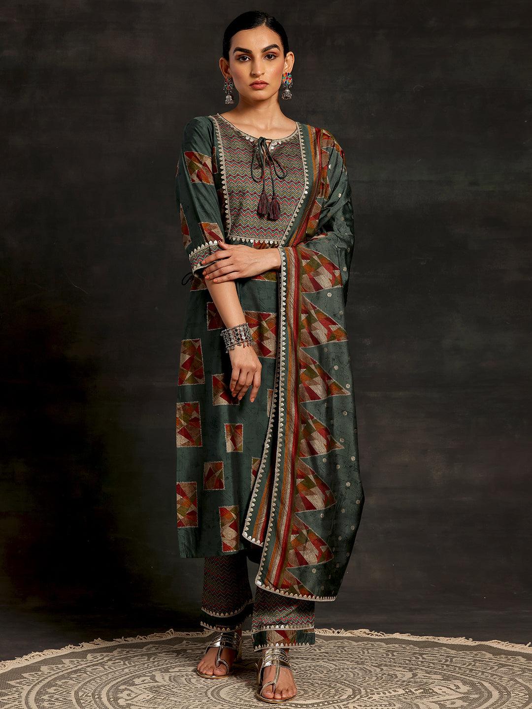 Green Printed Silk Blend Straight Suit With Dupatta - Jashvi