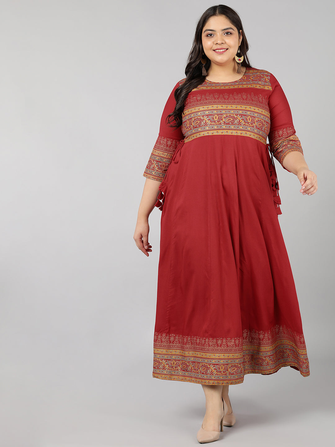 Women's Rayon Gold Print Anarkali Kurta (Red) - Kipek