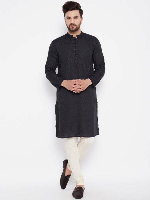 Men's Woven Design Black Straight Kurta - Even Apparels