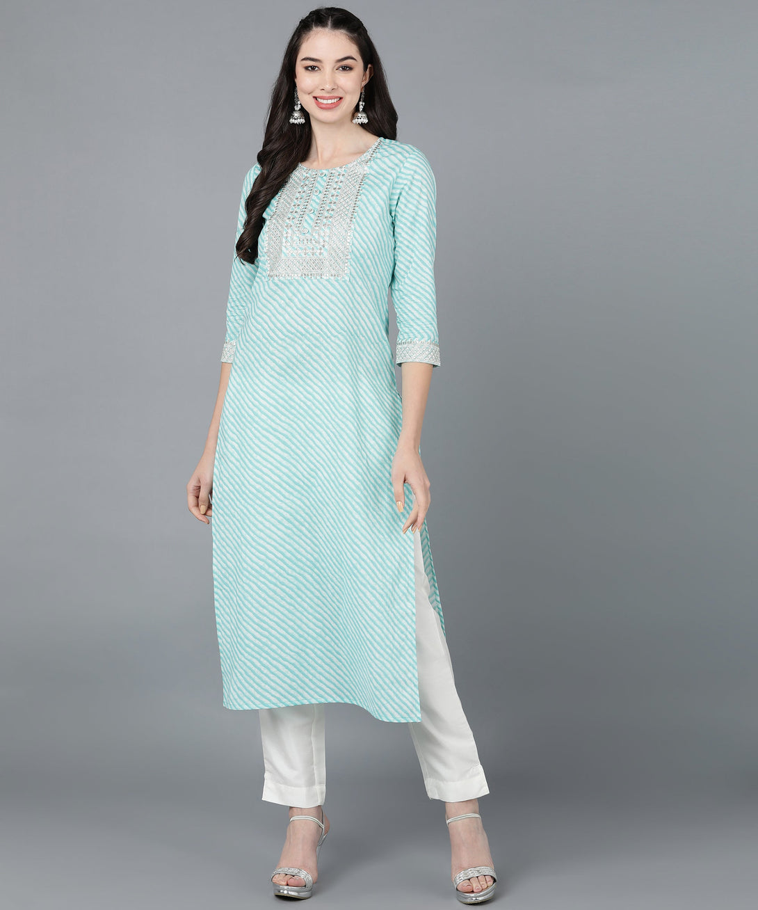 Women's Cotton Lehriya Print Straight Kurta (Light Blue) - Kipek