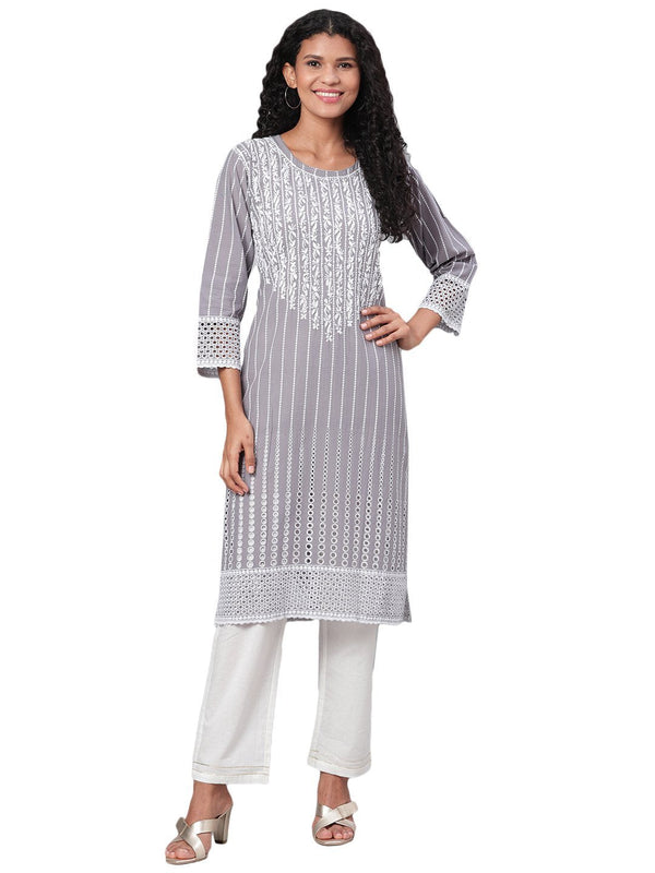 Women's Grey Embroidrey 3/4 Sleeve Cotton Round Neck Casual Kurta Only - Myshka