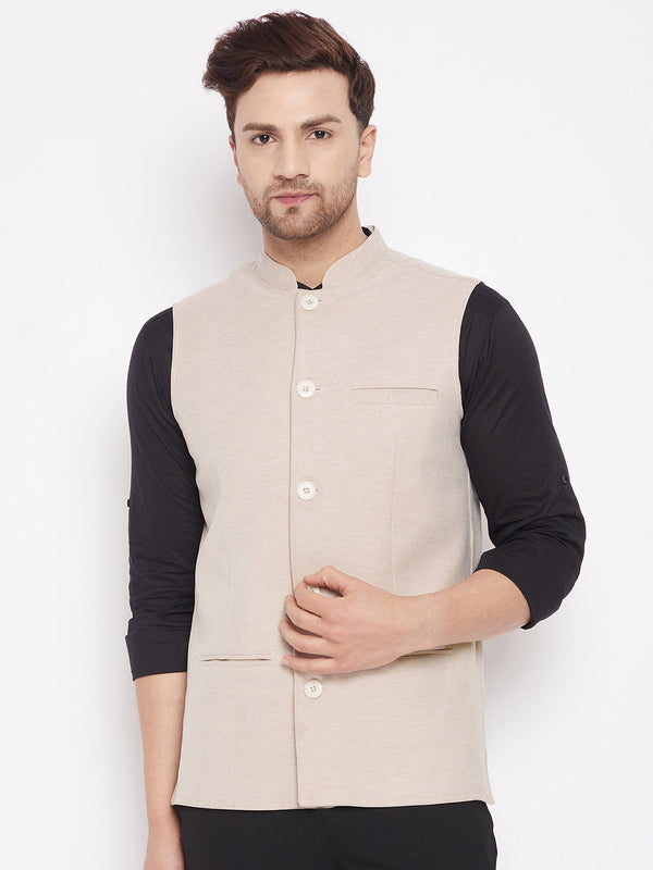 Men's Cream Color Woven Nehru Jacket - Even Apparels