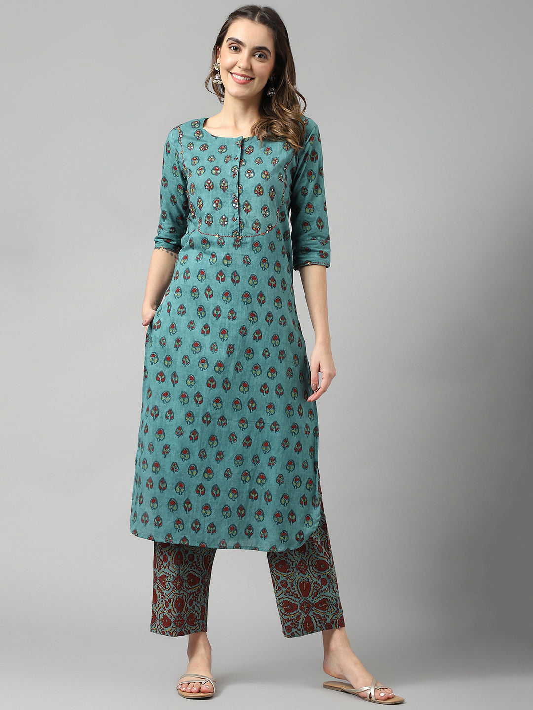 Women's Blue Ethnic Motif Cotton Kurta - Deckedup