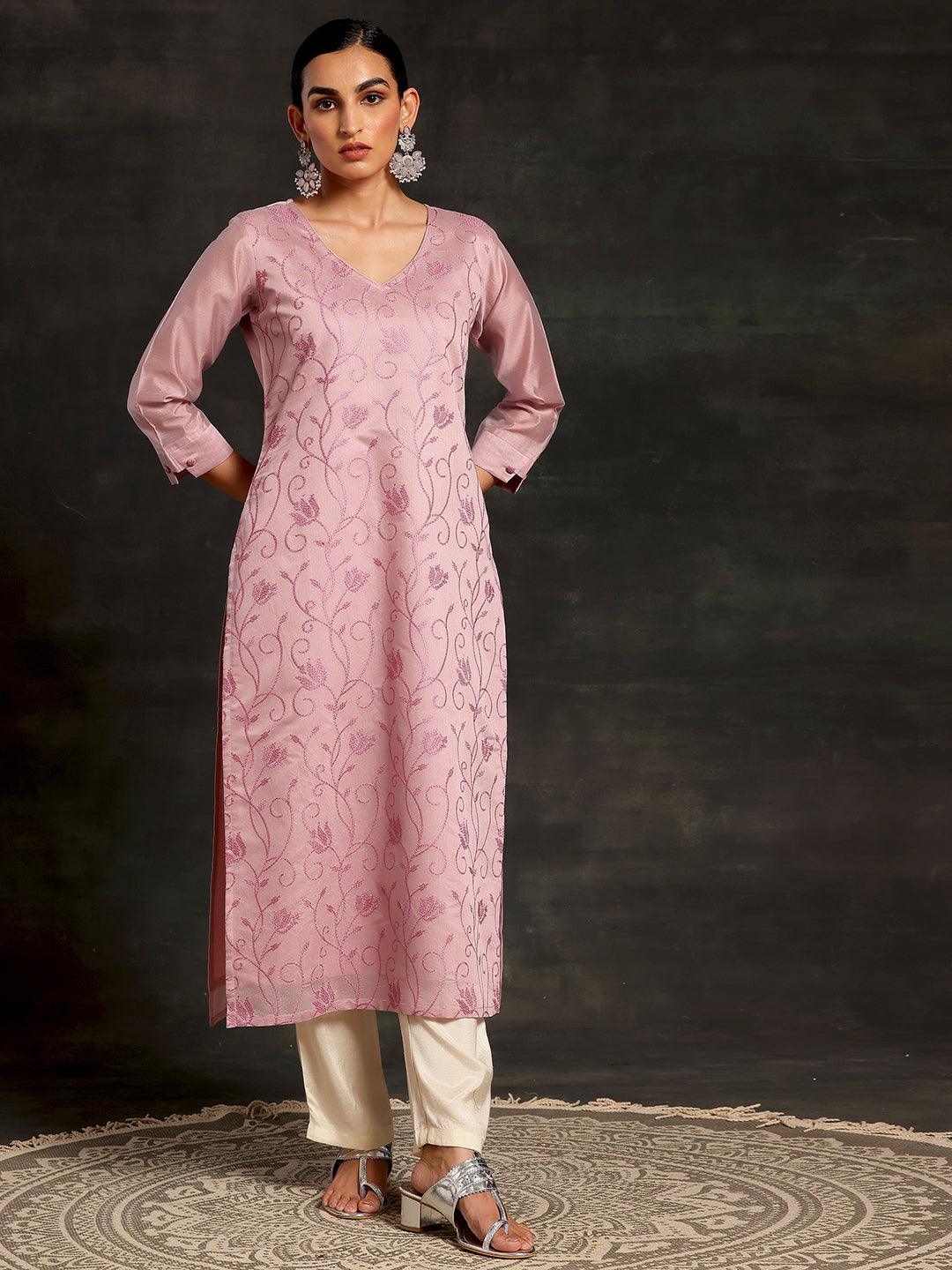 Mauve Embroidered Silk Straight Kurta - Jashvi