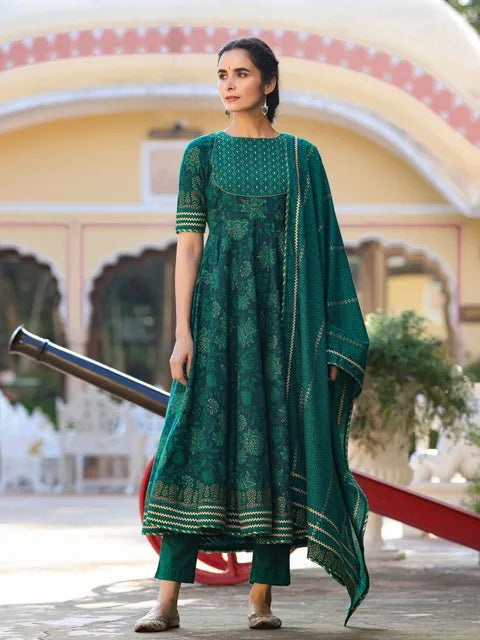 Women's Vrinda Green Kurta with Dupatta  - Gillori