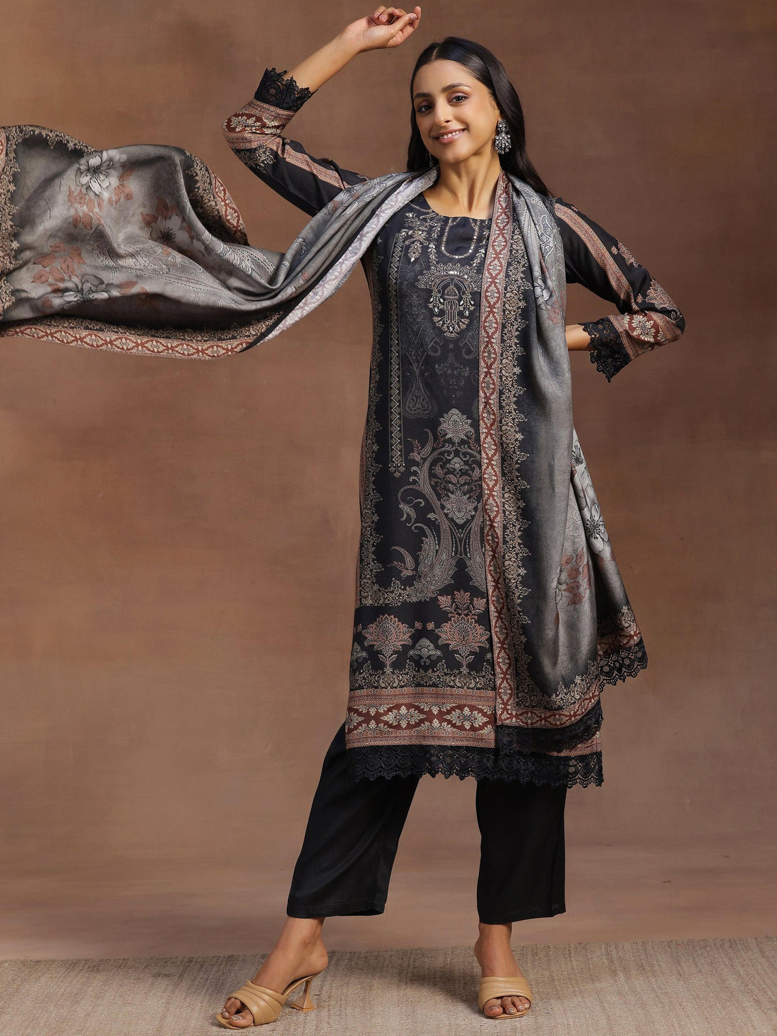 Grey Printed Silk Blend Straight Suit With Dupatta - Jashvi