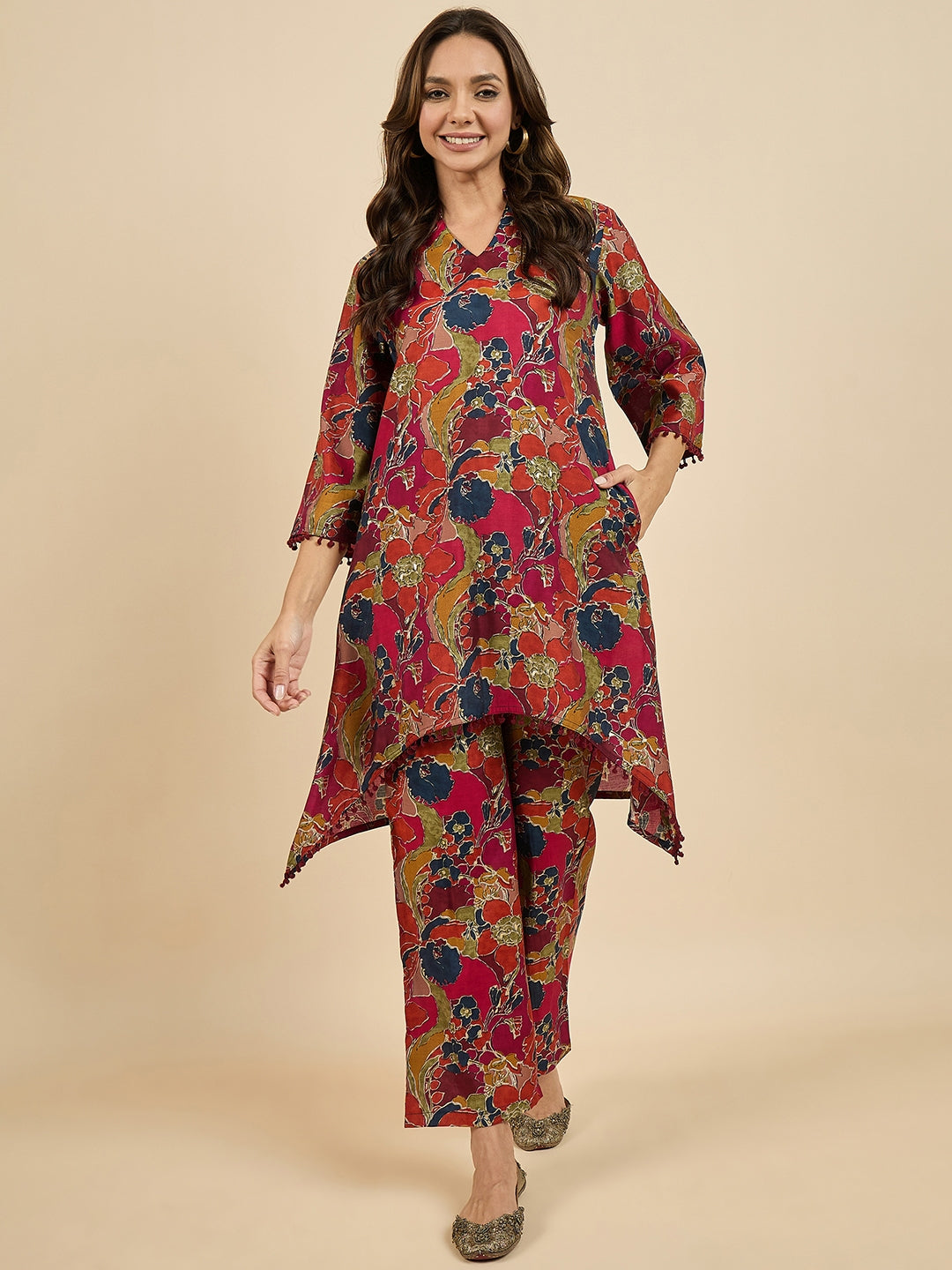 Women's Maroon Silk Blend Floral Printed Co-Ord Set - Azira