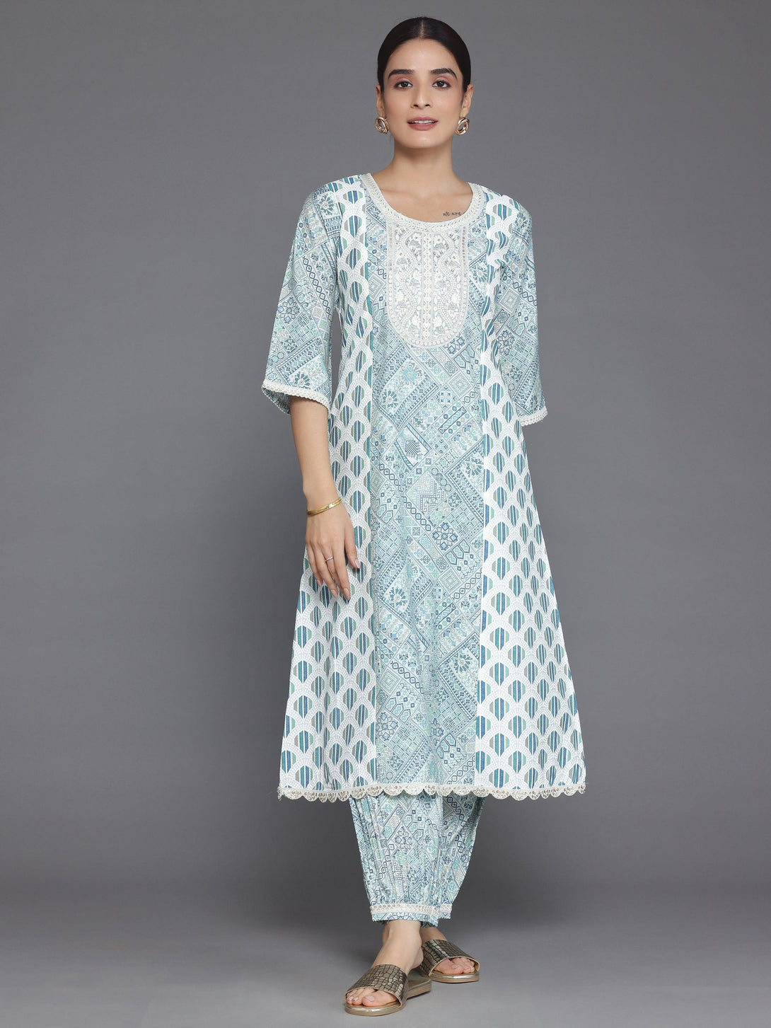 Blue Printed Silk Blend A-Line Kurta With Salwar - Jashvi