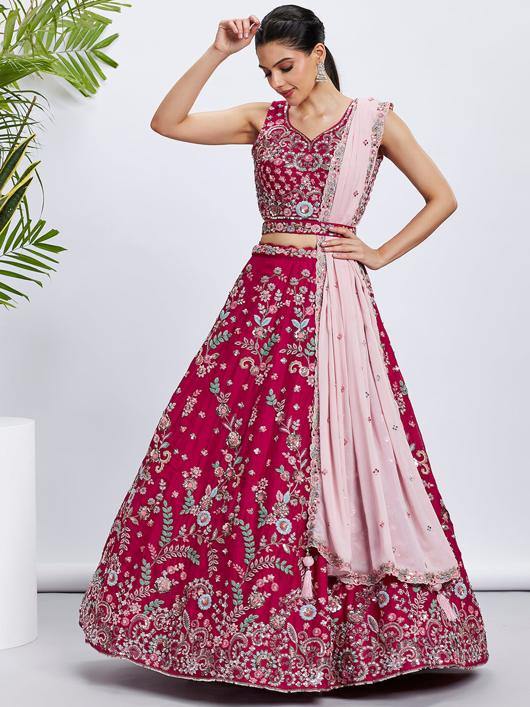 Women's Rose Pure Georgette Sequins And Thread Embroidery Lehenga Choli & Dupatta - Royal Dwells