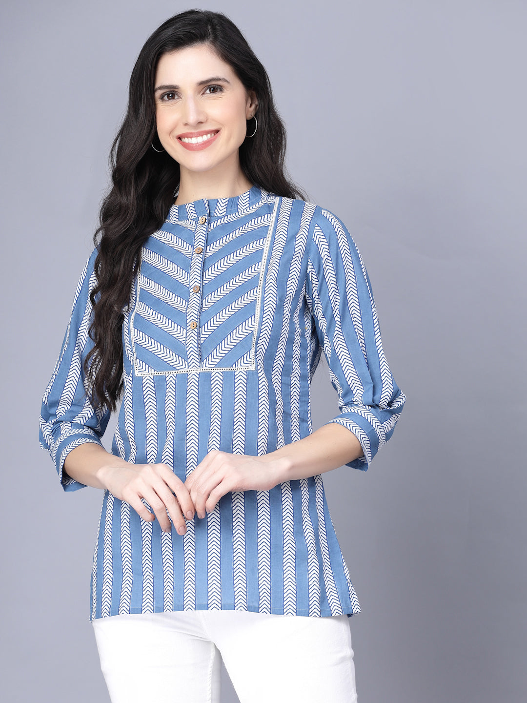 Women's Cotton Printed 3/4 Sleeve Round Blue  Women Top - Myshka