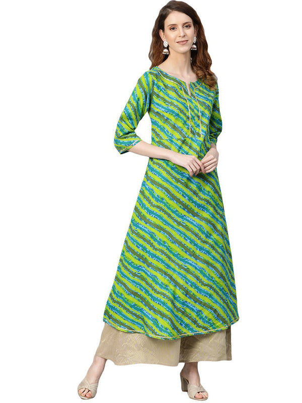 Women's Green Printed 3/4 Sleeve Cotton Round Neck Casual Kurta Only - Myshka