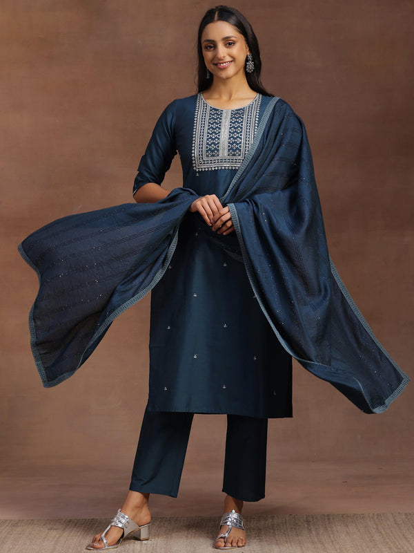 Blue Yoke Design Silk Blend Straight Suit With Dupatta - Jashvi