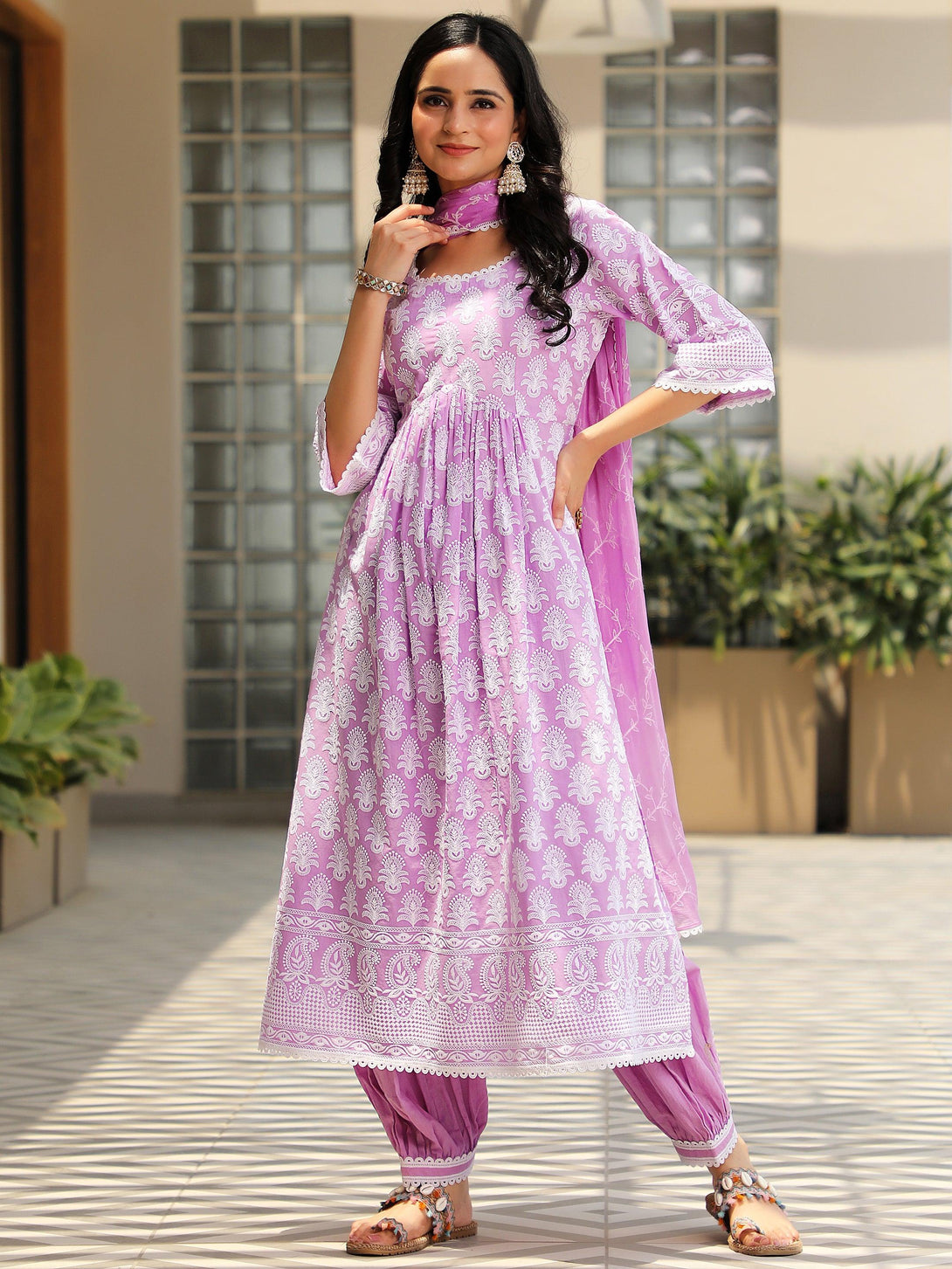 Purple Embroidered Cotton A-Line Kurta With Salwar & Dupatta - Jashvi