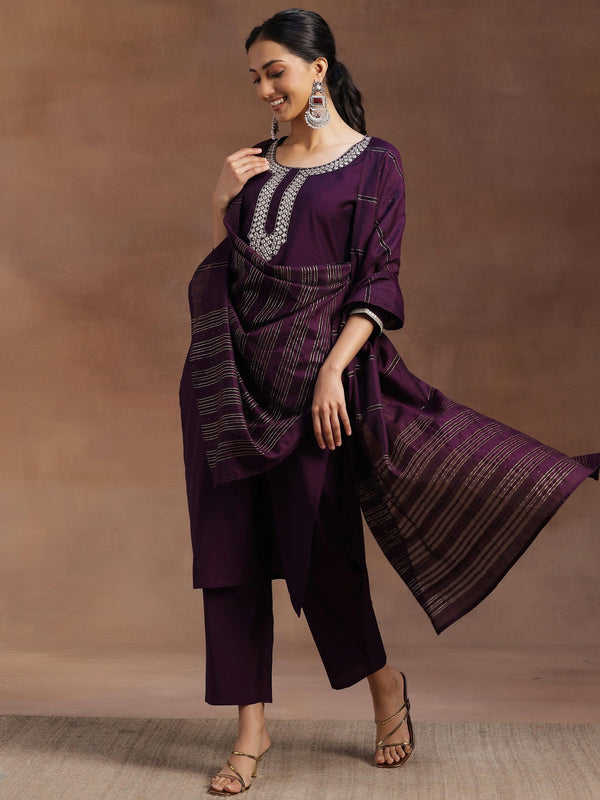 Purple Embroidered Silk Blend Straight Suit With Dupatta - Jashvi