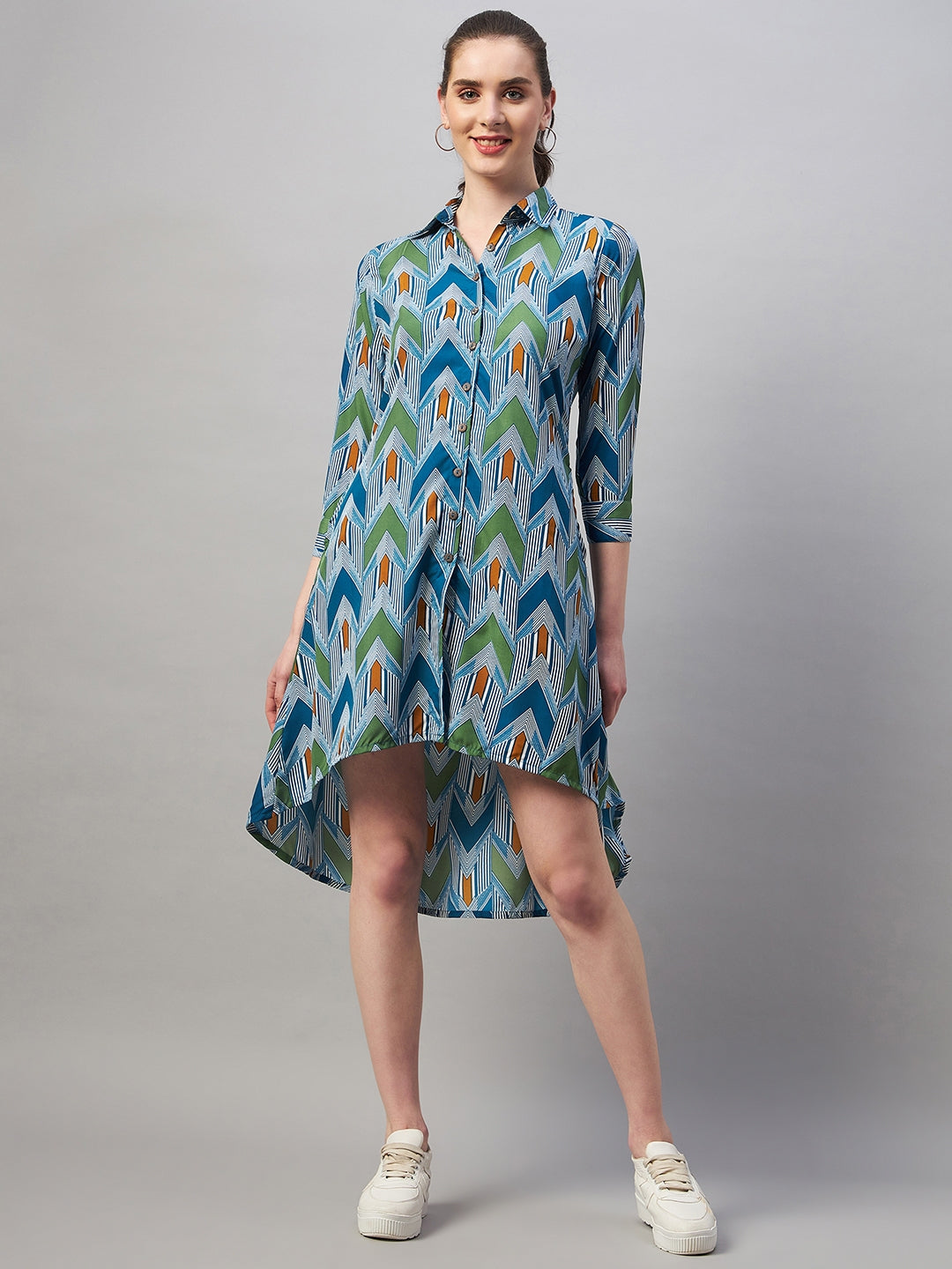 Women's Abstract High-Low Shirt Collar A-Line Dress - Azira