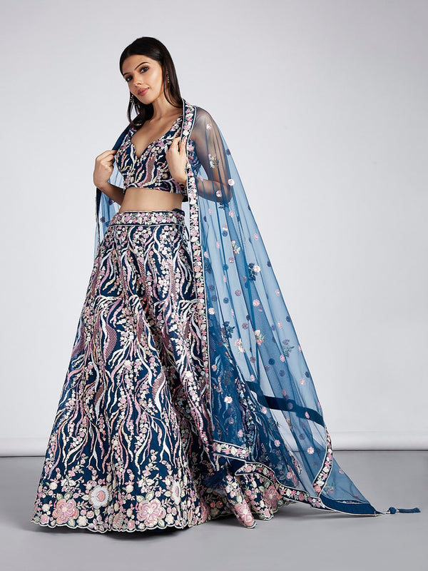 Women's Navy Blue Net Sequins And Thread Embroidery Lehenga Choli & Dupatta - Royal Dwells