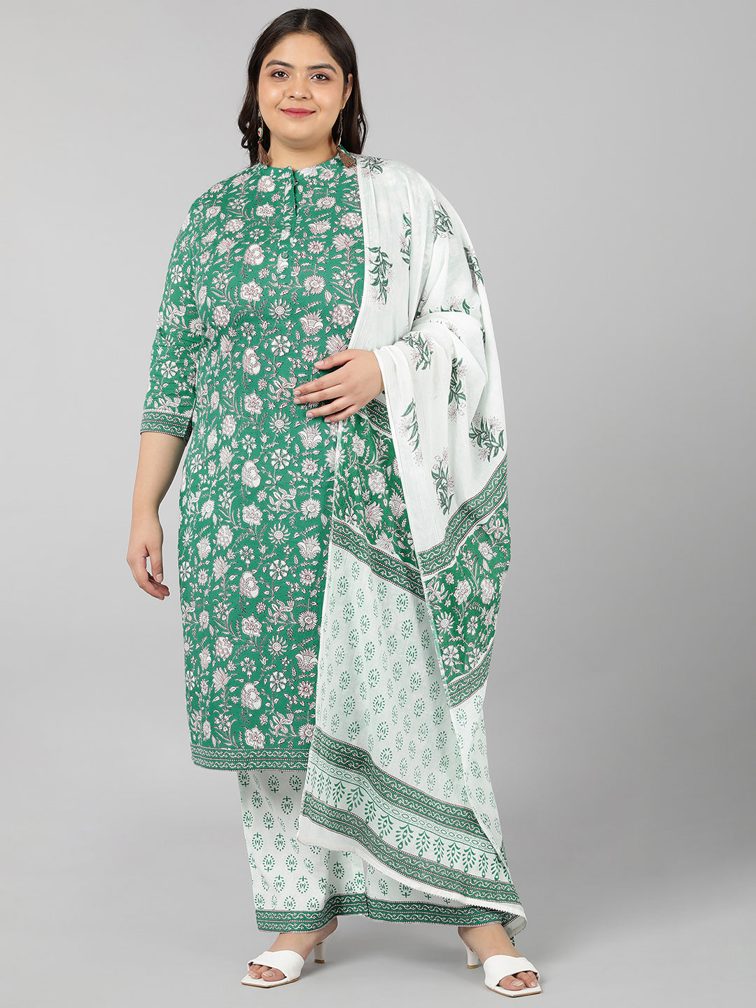 Women's Cotton Floral Print Straight Kurta Set (Green) - Kipek