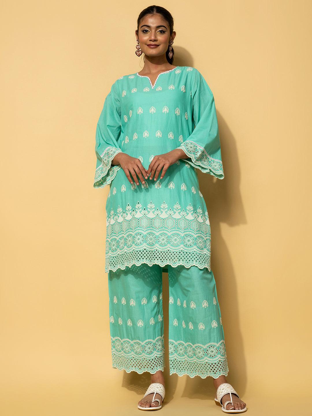 Green Embroidered Cotton Co-Ords - Jashvi