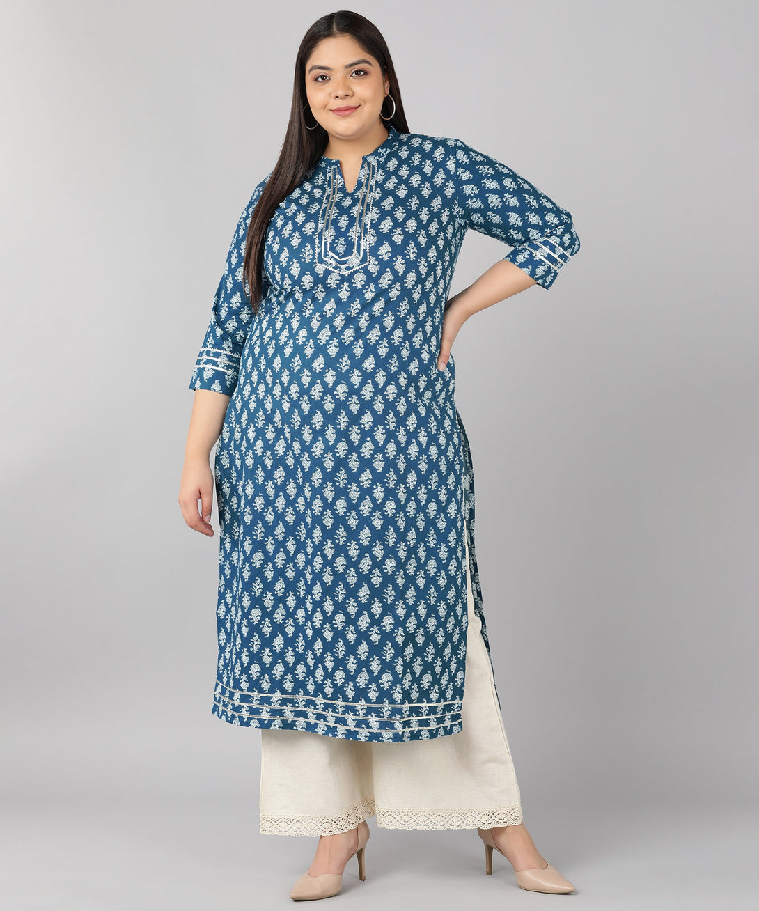 Women's Cotton Block Print Straight Kurta (Blue) - Kipek