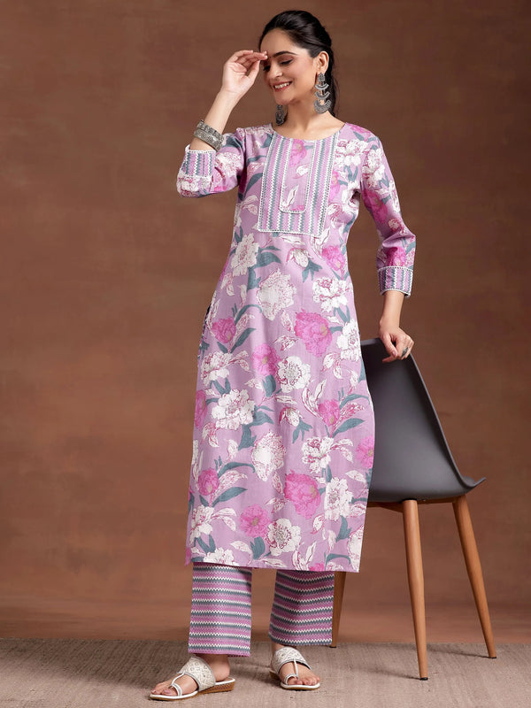 Lavender Printed Cotton Straight Kurta Set