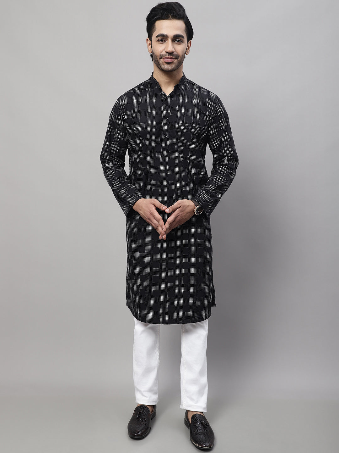 Men's Black Pure Cotton Kurta With Band Collar - Even Apparels