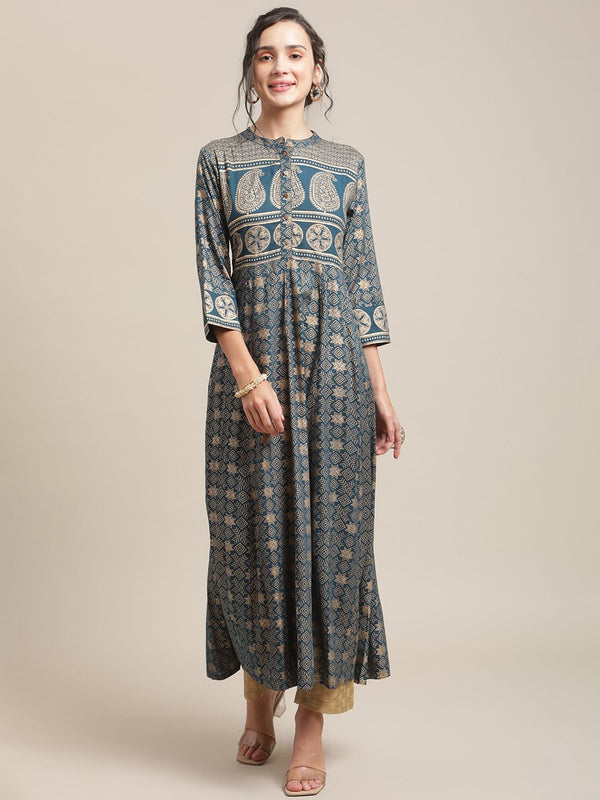 Women's Teal And Gold Printed Flared Anarakali Kurta - Varanga