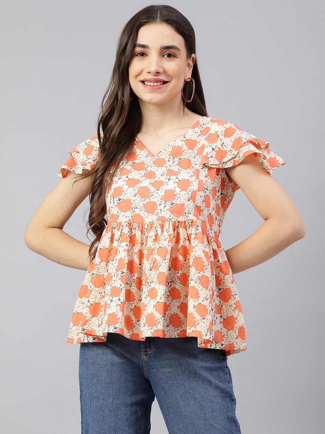 Women's Off White With Peach Floral Cotton Top - Deckedup