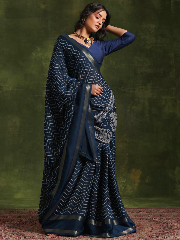 Blue Printed Silk Blend Saree With Unstitched Blouse Piece - Jashvi