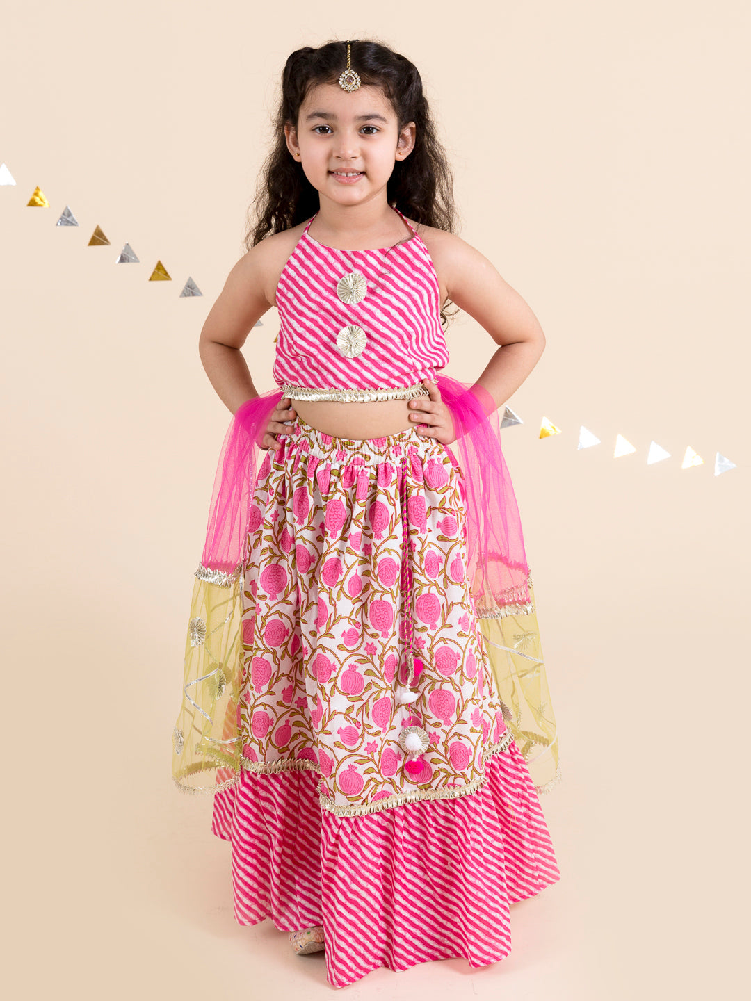 Girls Pink White Printed Ready To Wear Lehenga Blouse With Dupatta - Ps Peaches