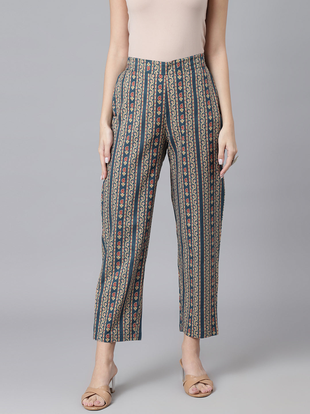 Women's Blue Multi Color Geometric Print Cotton Relax Fit Casual Trouser - DECKEDUP