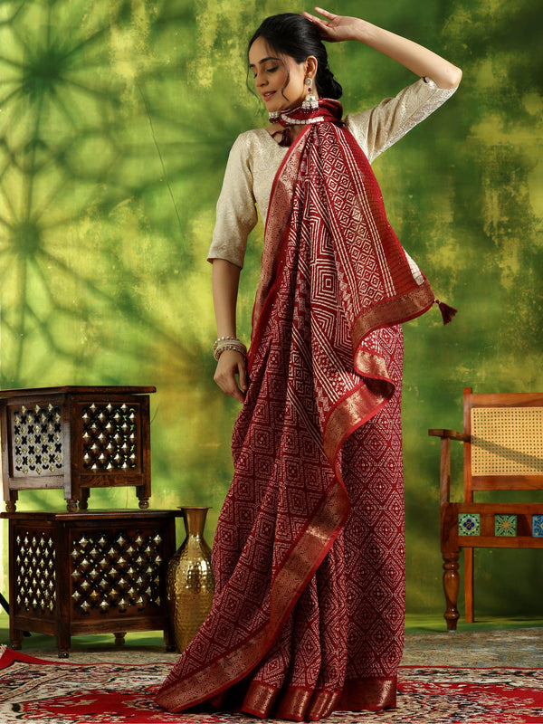 Maroon Printed Silk Blend Saree With Unstitched Blouse Piece