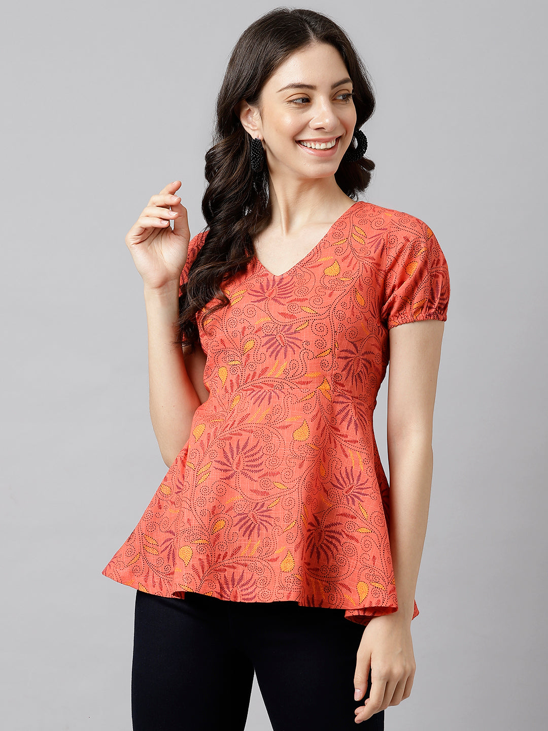 Women's Red Printed V-Neck Peplum Top - Deckedup