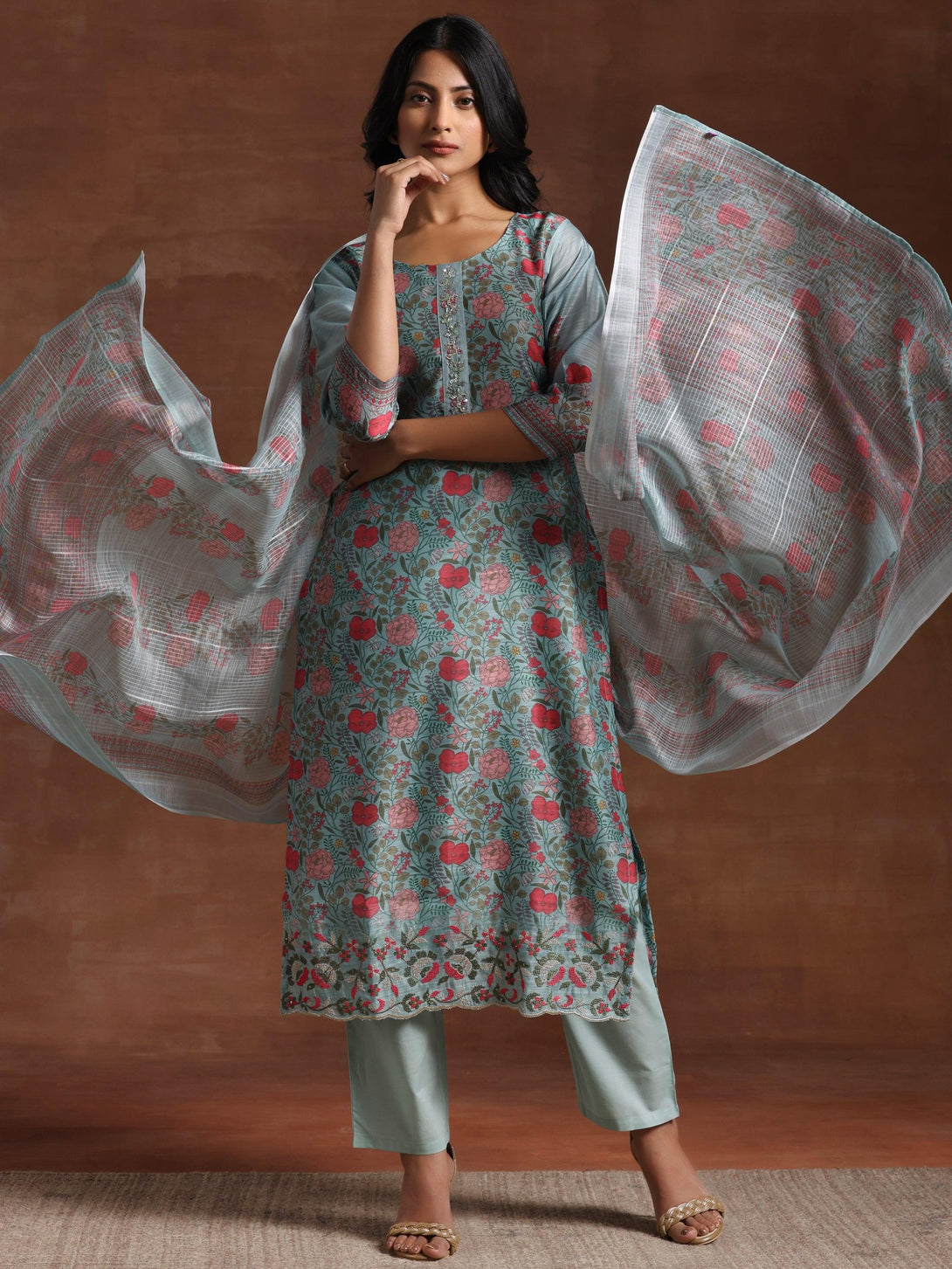 Green Printed Chanderi Silk Straight Suit With Dupatta - Jashvi