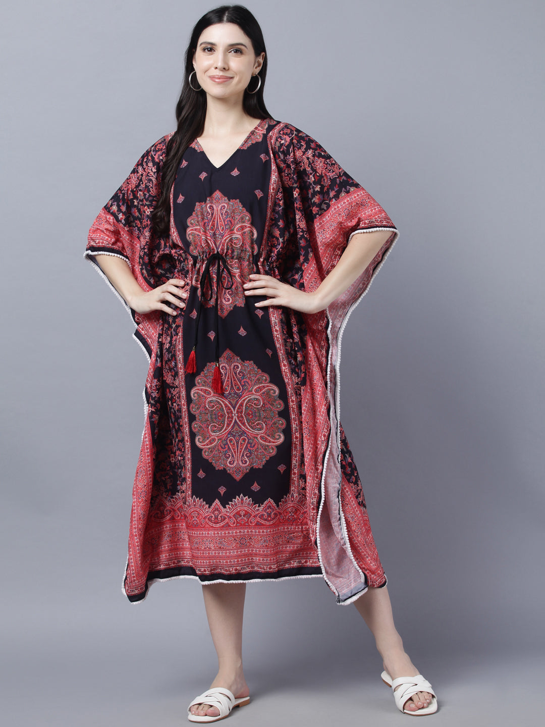 Women's Peach-Coloured  Purple Floral Kaftan Midi Dress - Myshka