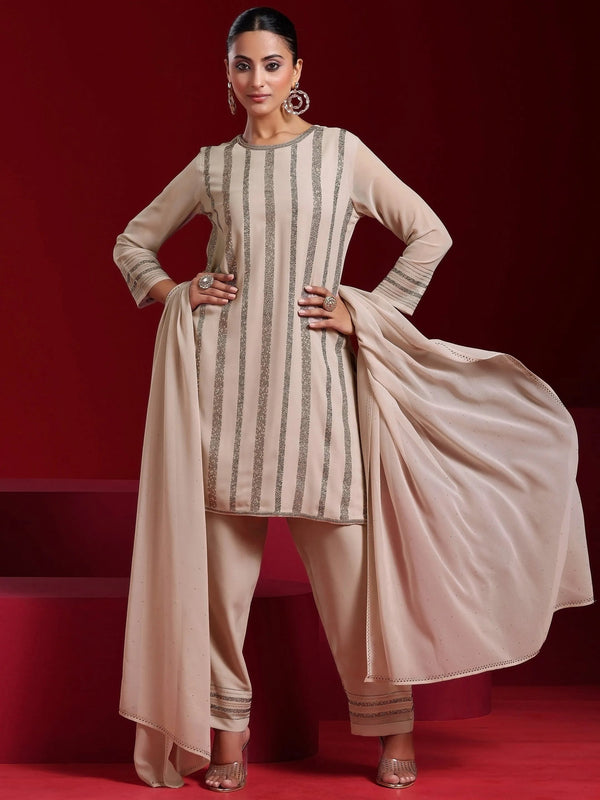 Jashvi Art Taupe Striped Georgette Straight Suit With Dupatta