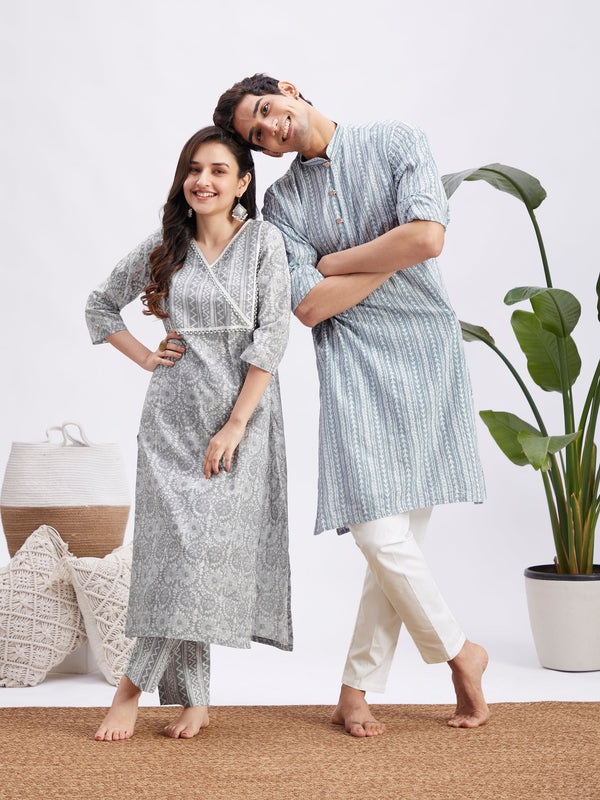 BHAI BEHEN 36 - 42 Grey And White Cotton Men's:Kurta Pyjama Set