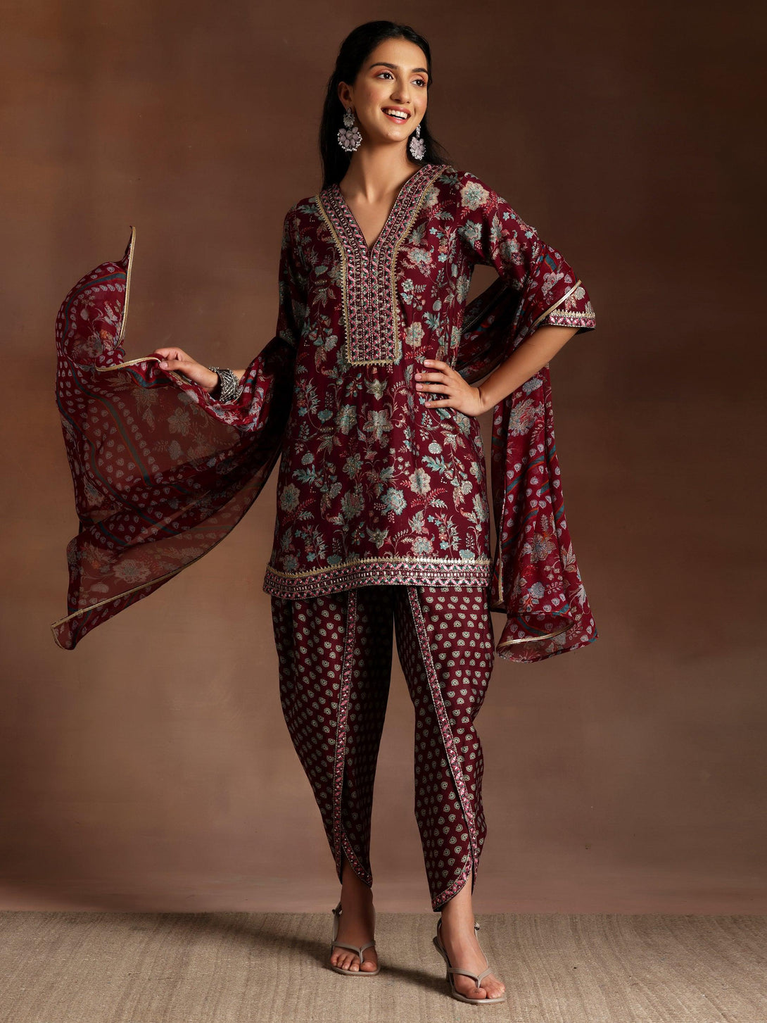 Burgundy Printed Silk Blend Straight Suit With Dupatta - Jashvi