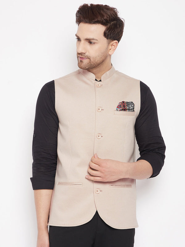 Men's Cream Color Woven Nehru Jacket - Even Apparels