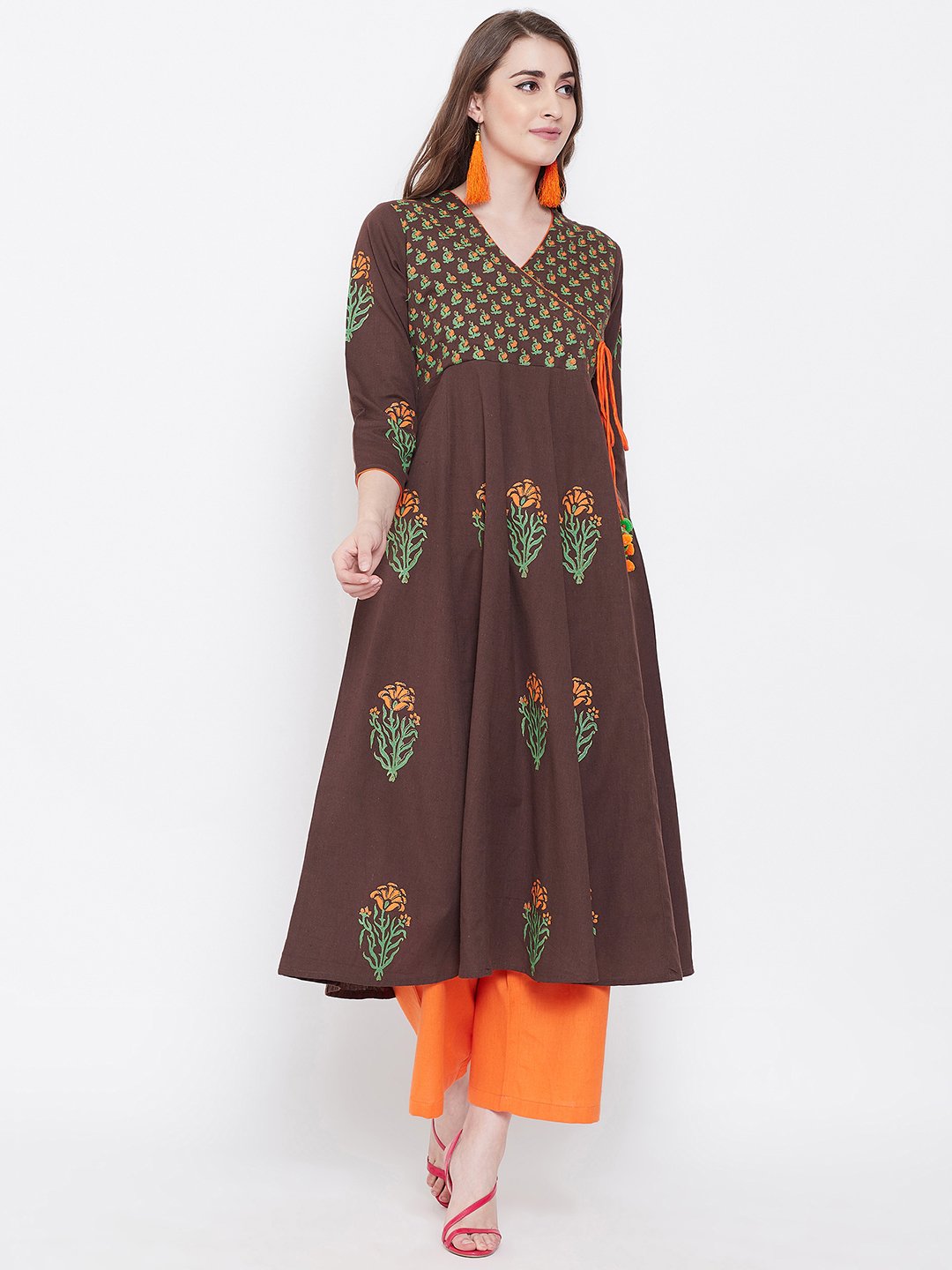 Women's Block Print Anarkali Kurta  - BitterLime