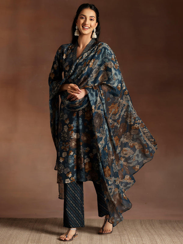 Blue Printed Silk Blend Straight Suit With Dupatta - Jashvi